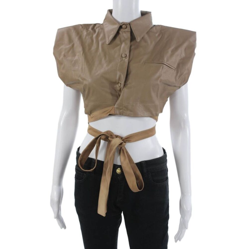 Nonchalant Label Womens Cropped Collared Button Up Sleeveless Beige Top Size XS